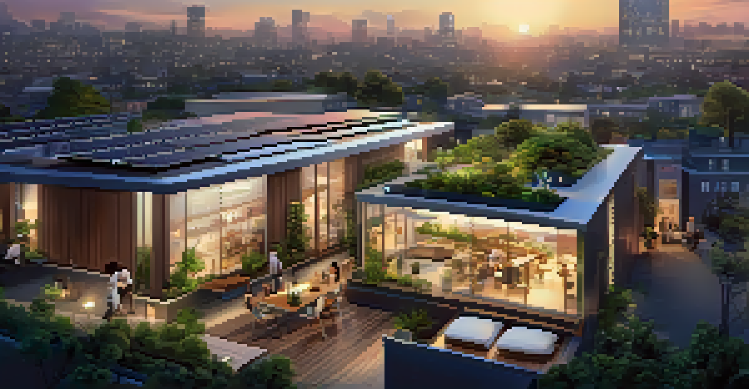 A modern city skyline at dusk, featuring sustainable buildings with greenery and solar panels, showcasing a blend of technology and nature.