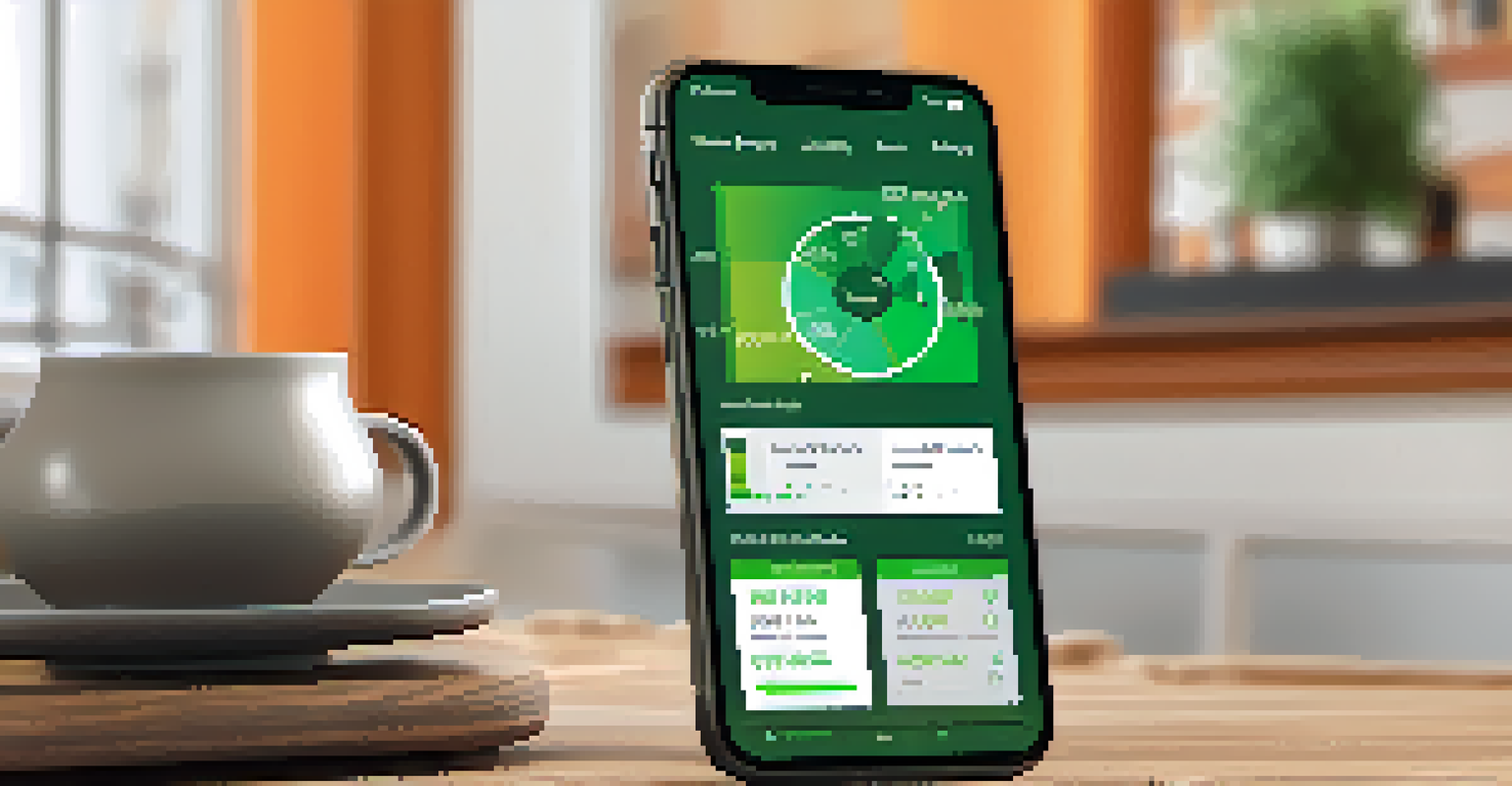 A close-up of a smartphone showing a financial app interface, placed on a wooden table with coffee cups and a plant in the background.
