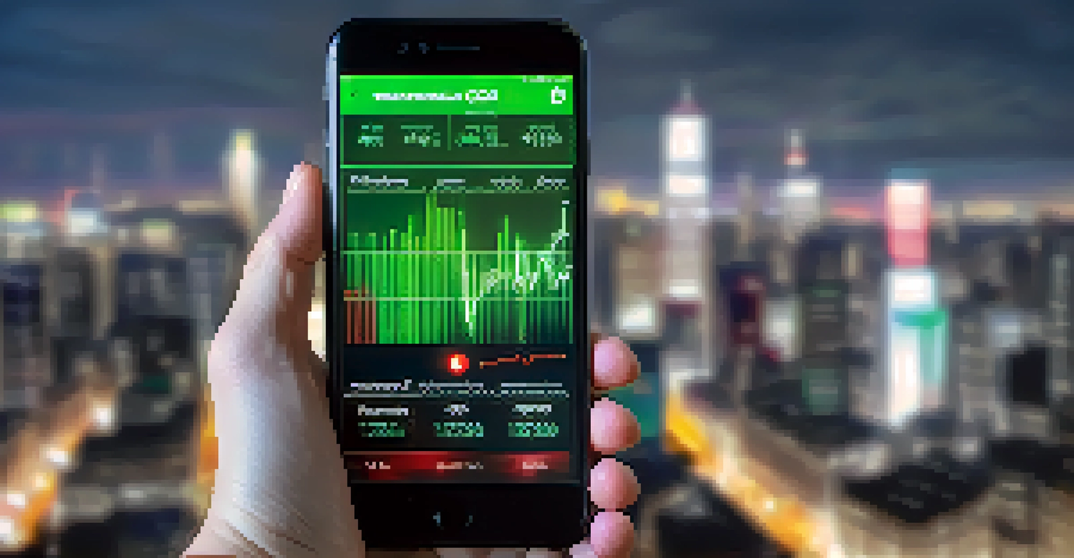 A close-up of a hand holding a smartphone with a stock market app, set against a blurred cityscape.