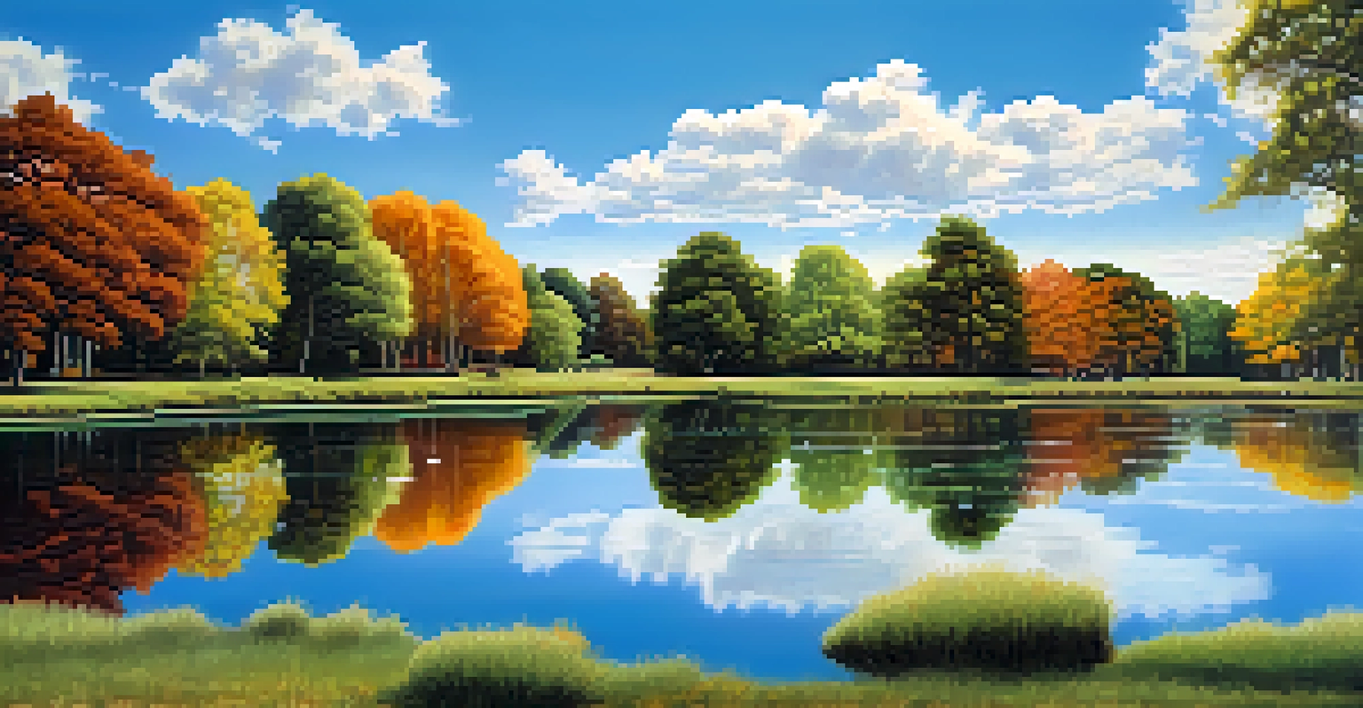 A peaceful pond surrounded by various trees, symbolizing a balanced investment portfolio under a clear blue sky.