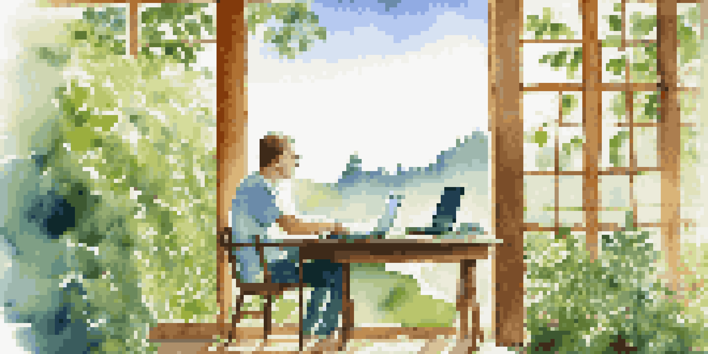 A person working on a laptop at a wooden desk in a lush green landscape, representing financial planning and retirement.