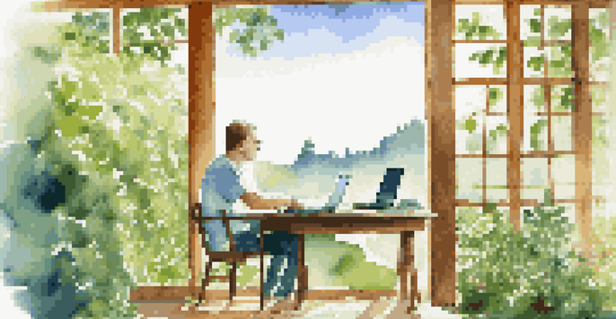 A person working on a laptop at a wooden desk in a lush green landscape, representing financial planning and retirement.
