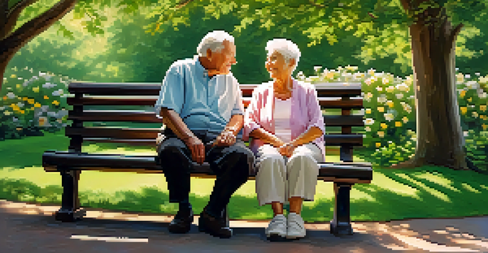 An elderly couple sitting on a wooden bench in a sunlit park, smiling and holding hands amidst greenery and flowers.