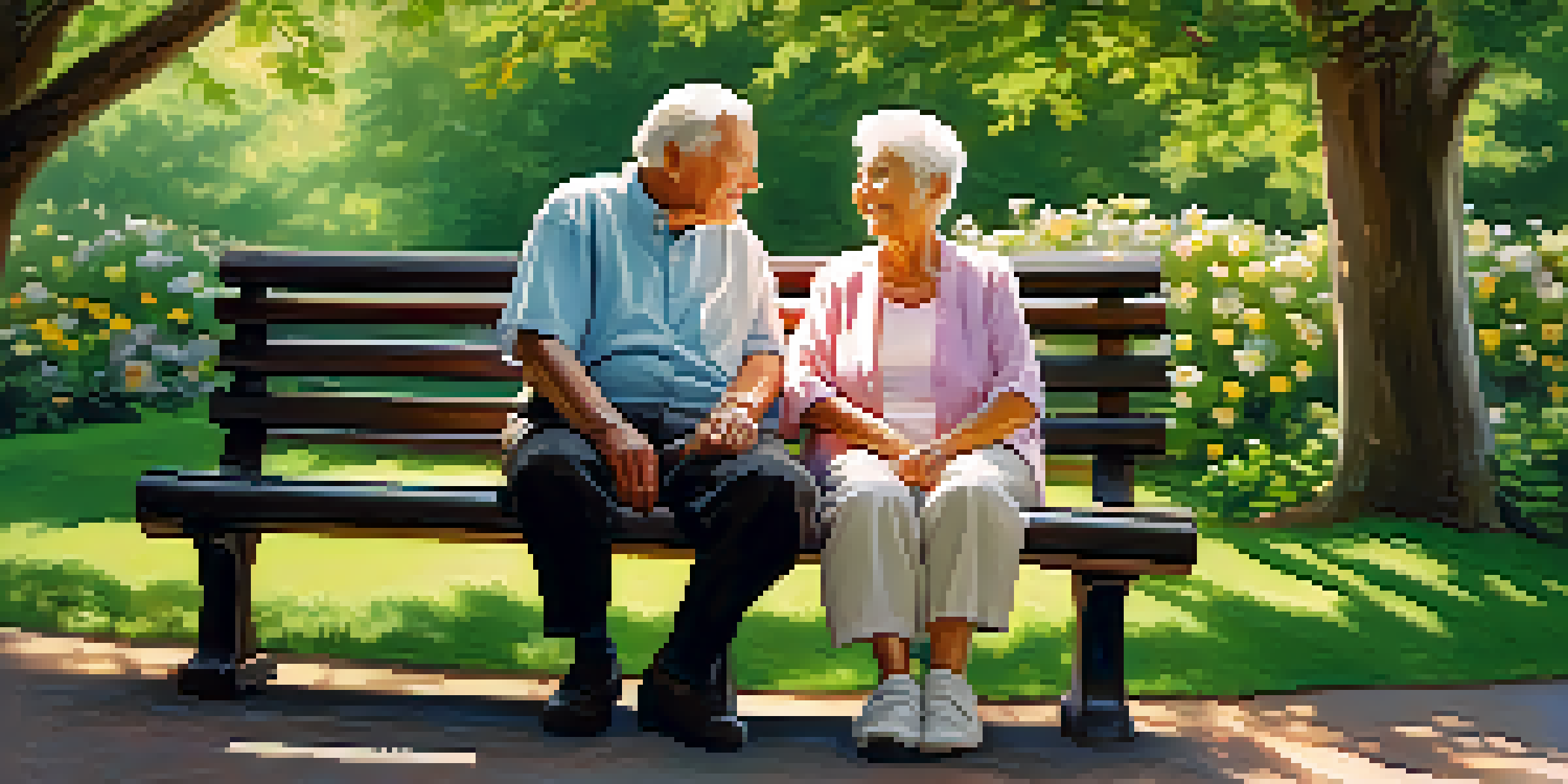 An elderly couple sitting on a wooden bench in a sunlit park, smiling and holding hands amidst greenery and flowers.