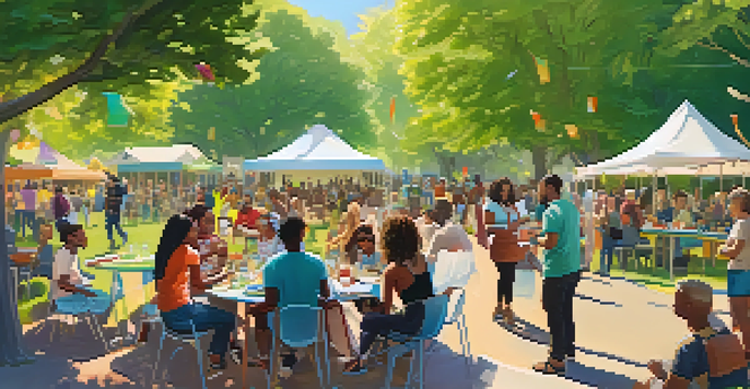 A group of diverse individuals participating in a crowdfunding event in a sunny park, surrounded by colorful banners and creative project displays.