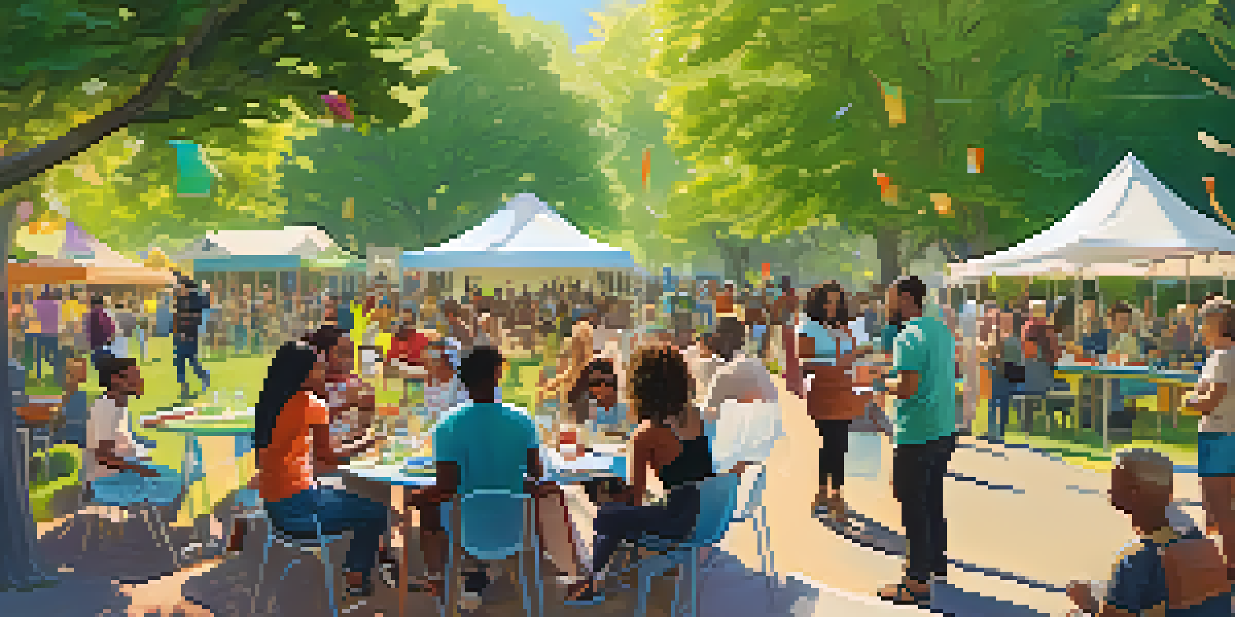 A group of diverse individuals participating in a crowdfunding event in a sunny park, surrounded by colorful banners and creative project displays.