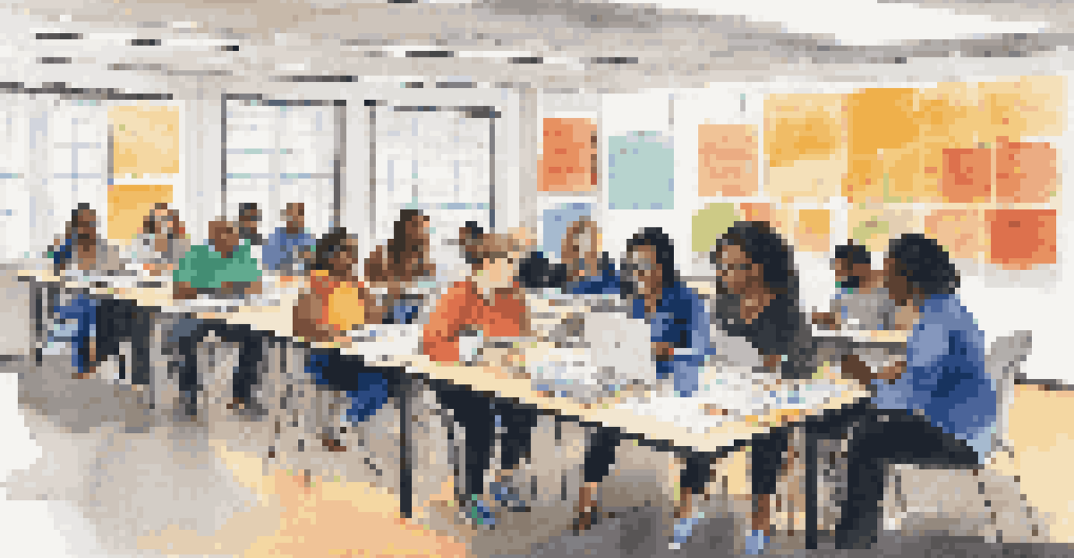 A group of diverse nonprofit staff participating in a training session with laptops and notebooks, in a bright and colorful room.