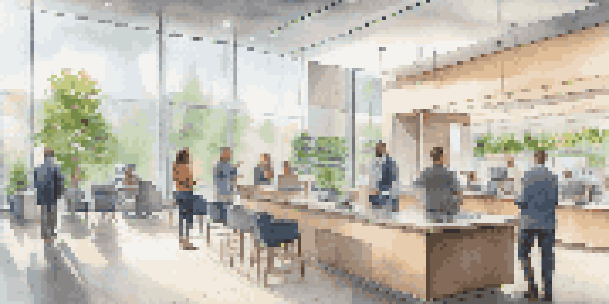 A modern bank interior with digital screens and diverse customers using mobile banking apps in a bright, airy space.