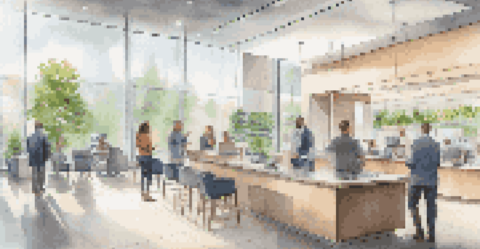 A modern bank interior with digital screens and diverse customers using mobile banking apps in a bright, airy space.