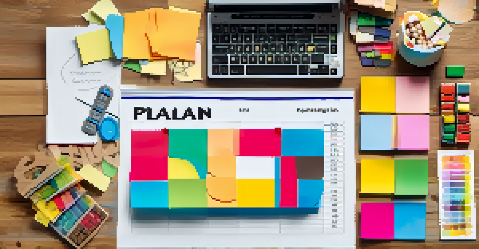 An overhead view of a balanced budget plan with a calculator, colorful pie charts, and sticky notes arranged on a textured wooden table.