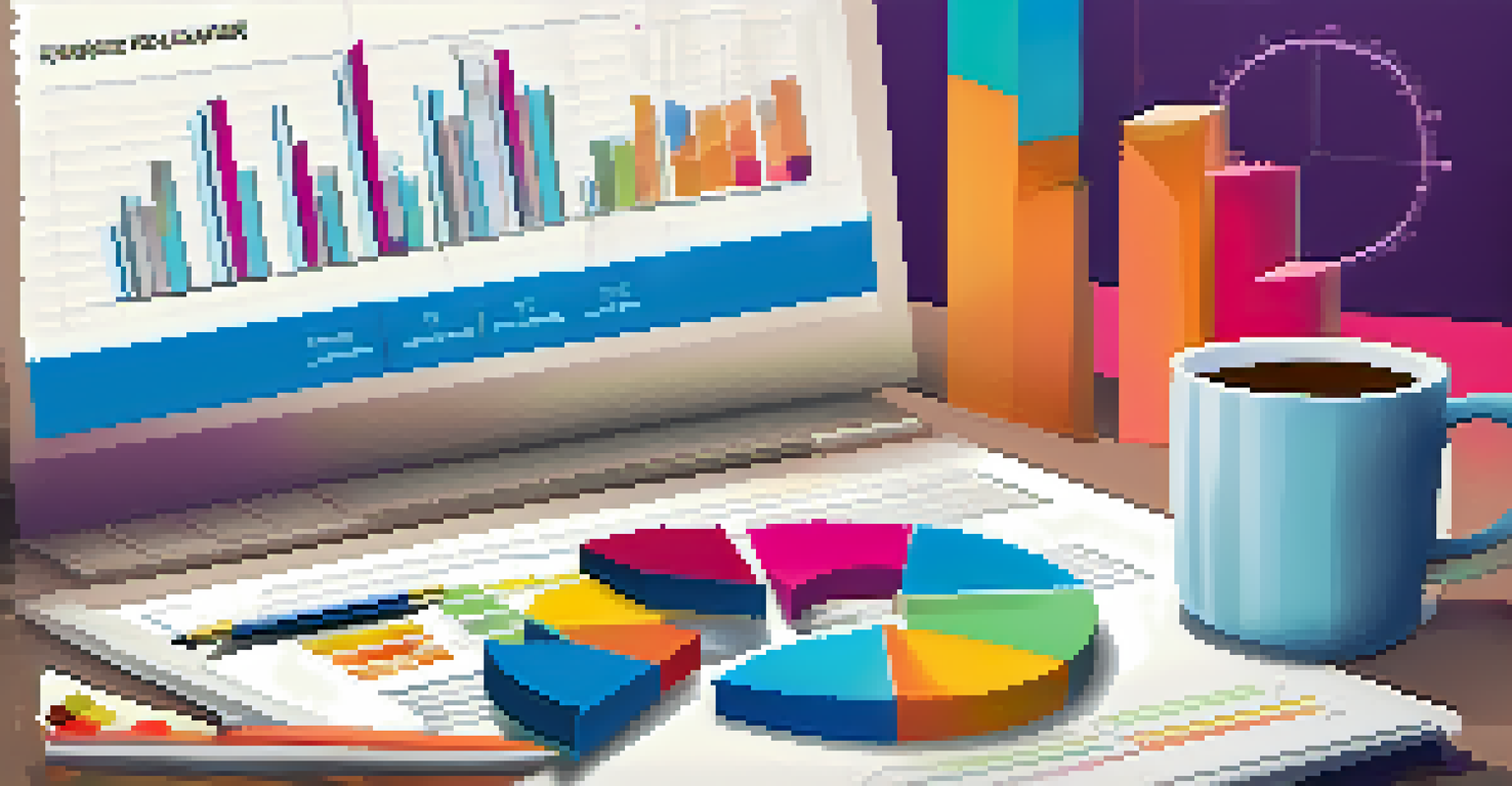 A digital device displaying colorful charts representing a flexible budget, placed on a modern workspace with a notebook and coffee.