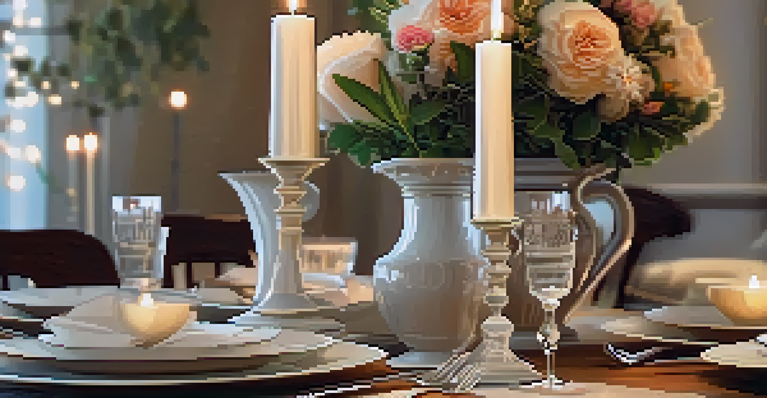 A close-up of a wooden dining table beautifully set for dinner with candles and flowers, bathed in soft lighting.