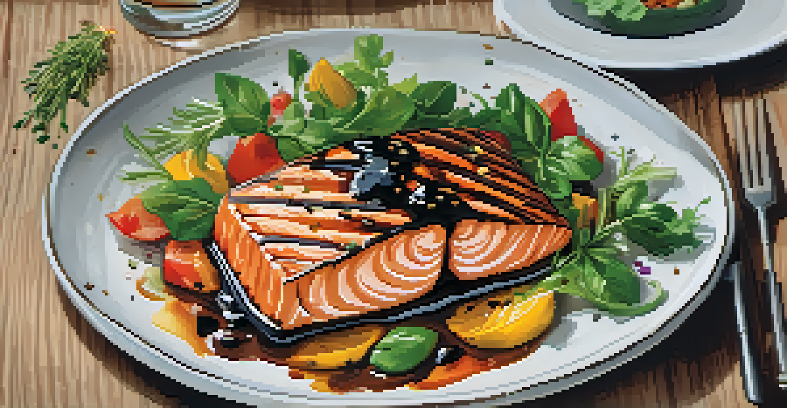 An artistic presentation of a gourmet dish with grilled salmon and roasted vegetables on a rustic table.
