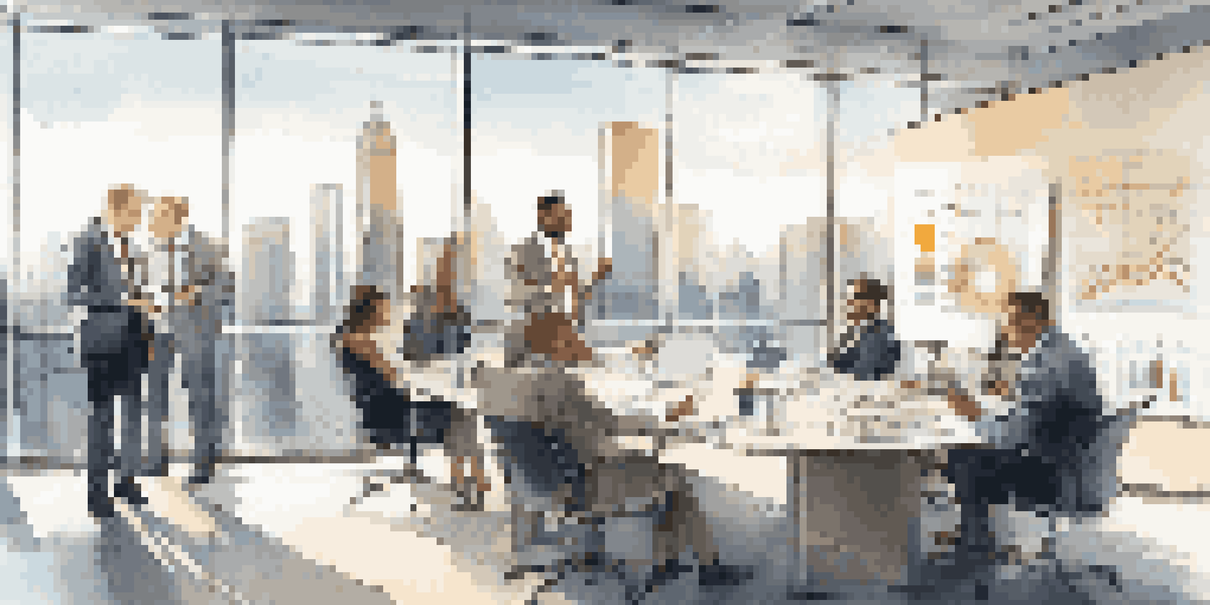 A diverse group of professionals in a modern office discussing an exit strategy, with a city view through a glass window.