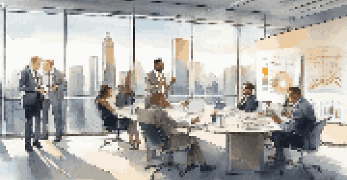 A diverse group of professionals in a modern office discussing an exit strategy, with a city view through a glass window.