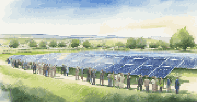 A solar farm with solar panels under a blue sky, and a group of diverse professionals discussing investment strategies.