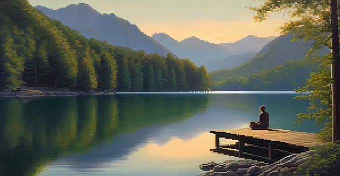 A tranquil lake surrounded by green trees and mountains with a sunset reflection, featuring a person sitting on a dock.