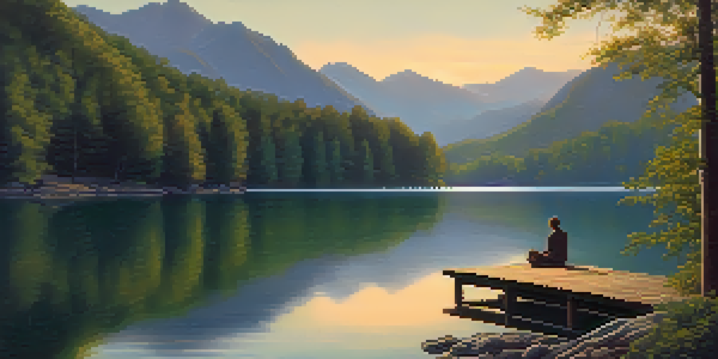A tranquil lake surrounded by green trees and mountains with a sunset reflection, featuring a person sitting on a dock.