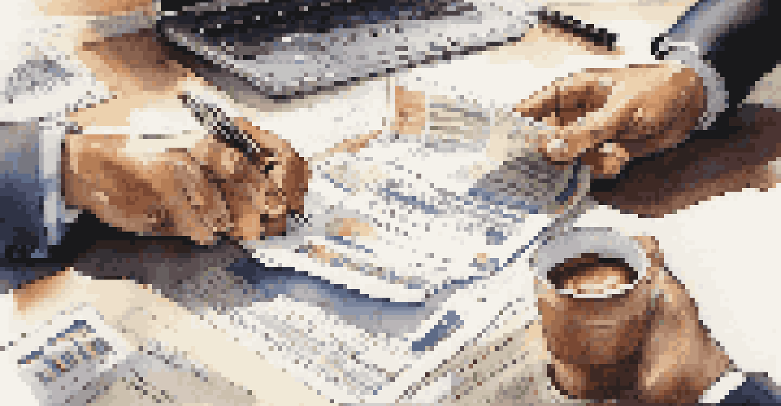 Close-up image of hands exchanging financial documents during a review meeting.