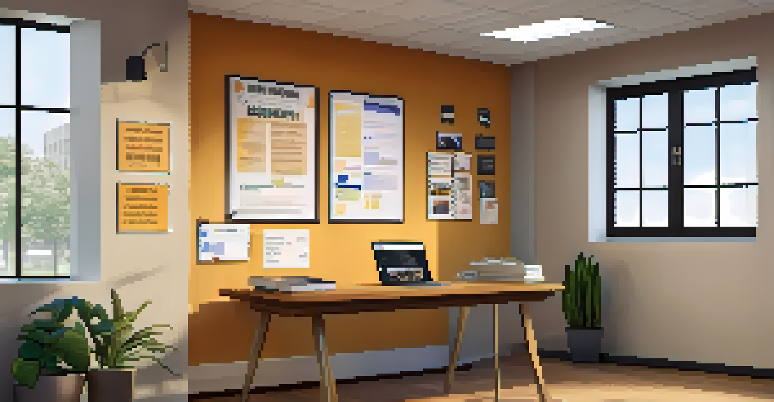 A study space with a laptop open to a scholarship website, surrounded by notebooks and motivational decor.