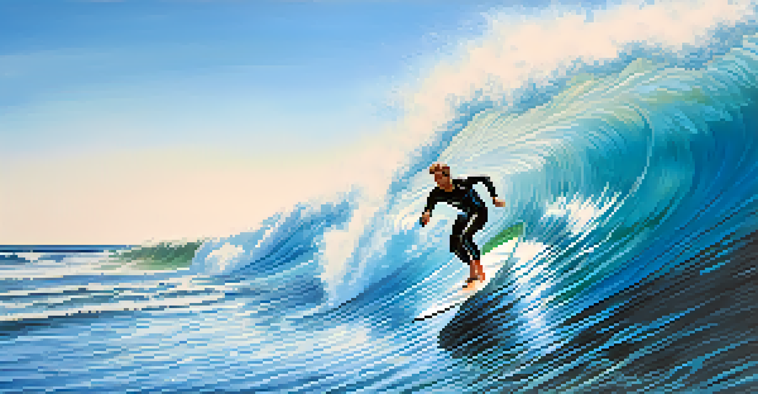 A surfer riding a vibrant blue wave, showcasing agility and balance, with sunlight reflecting off the water and splashes around them.
