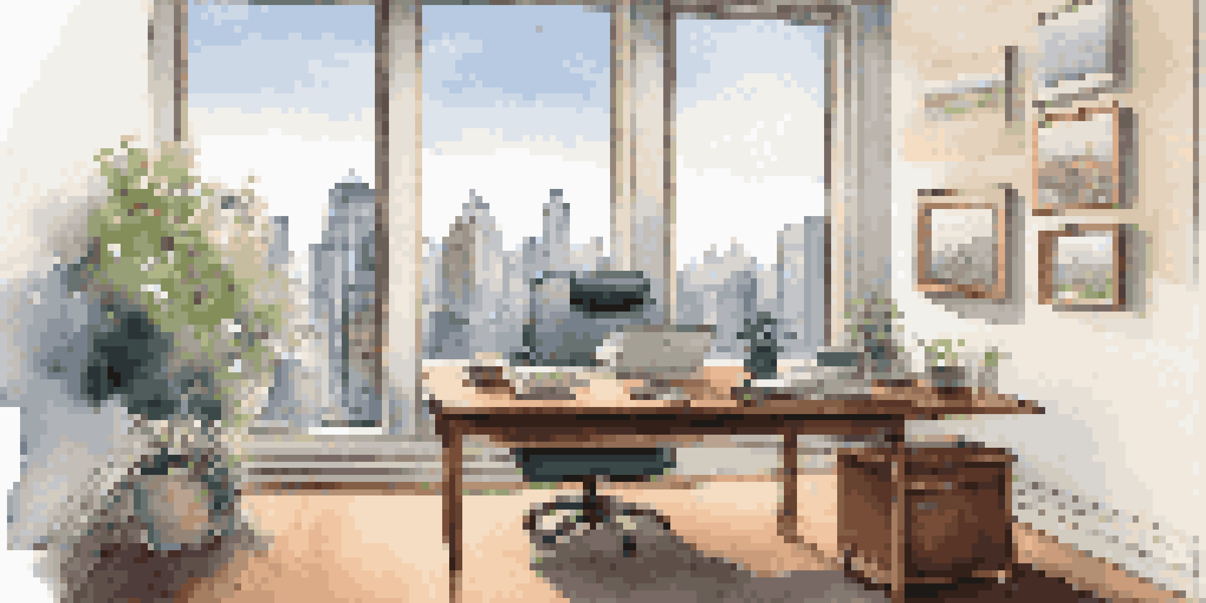A bright and serene financial advisor's office with a view of the city skyline, featuring a wooden desk with financial documents and a laptop.