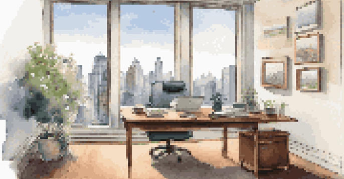 A bright and serene financial advisor's office with a view of the city skyline, featuring a wooden desk with financial documents and a laptop.