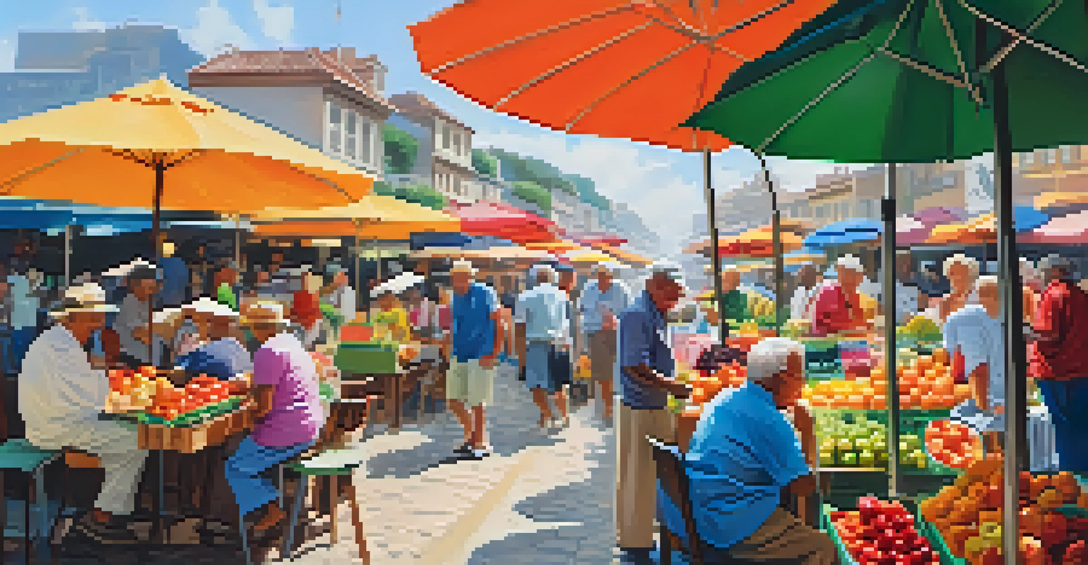 Retirees enjoying a vibrant market scene, browsing stalls and having coffee.