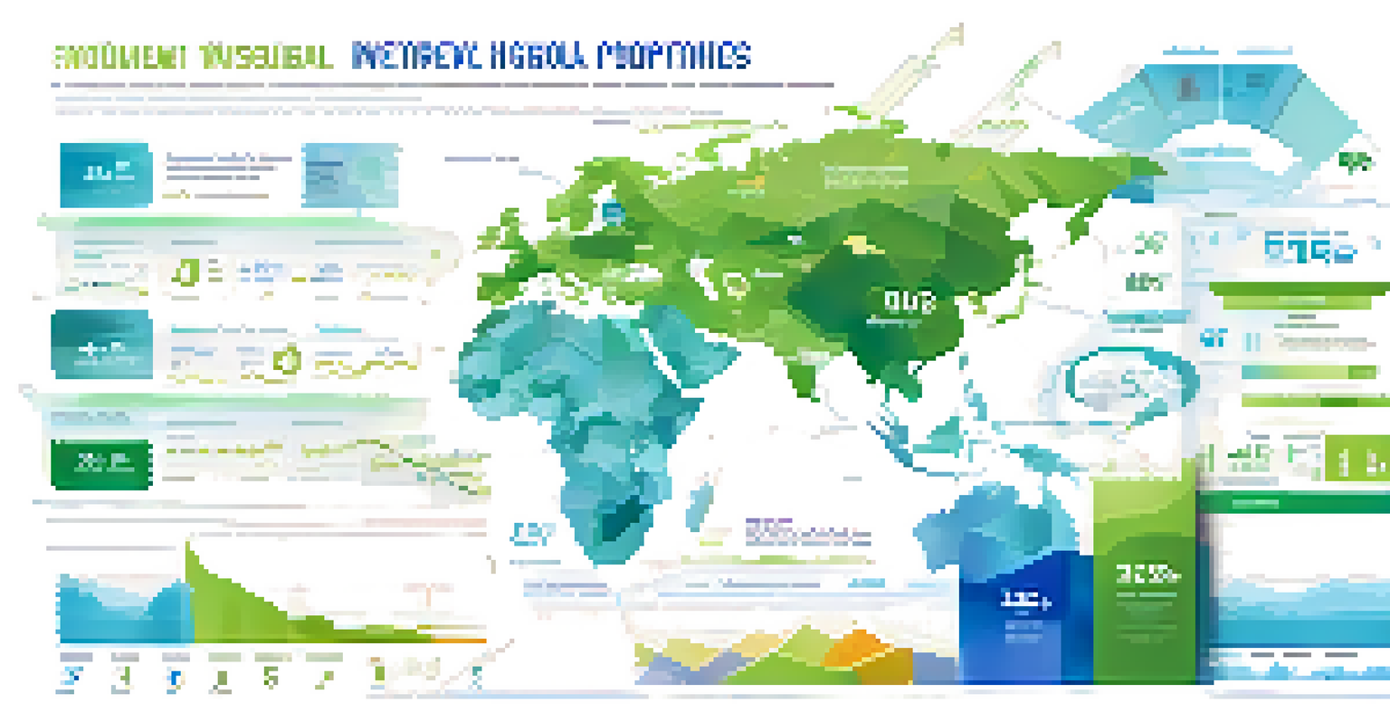 An infographic illustration showing key metrics for global investment evaluation with icons for political stability, economic indicators, and market trends.