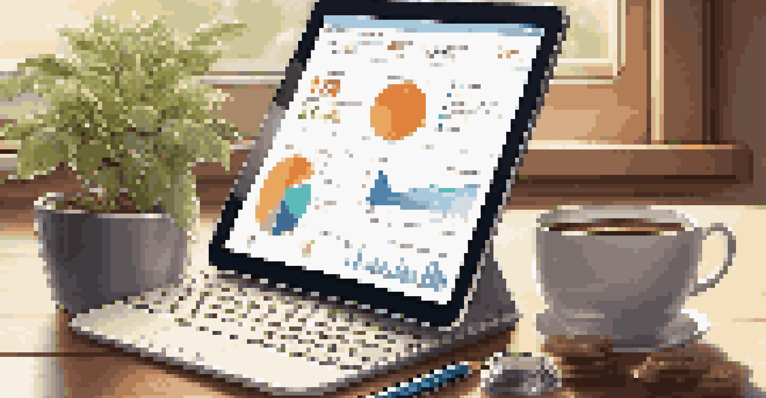 A tablet showing a financial app with budgeting tools, set in a cozy home office with a plant and coffee.