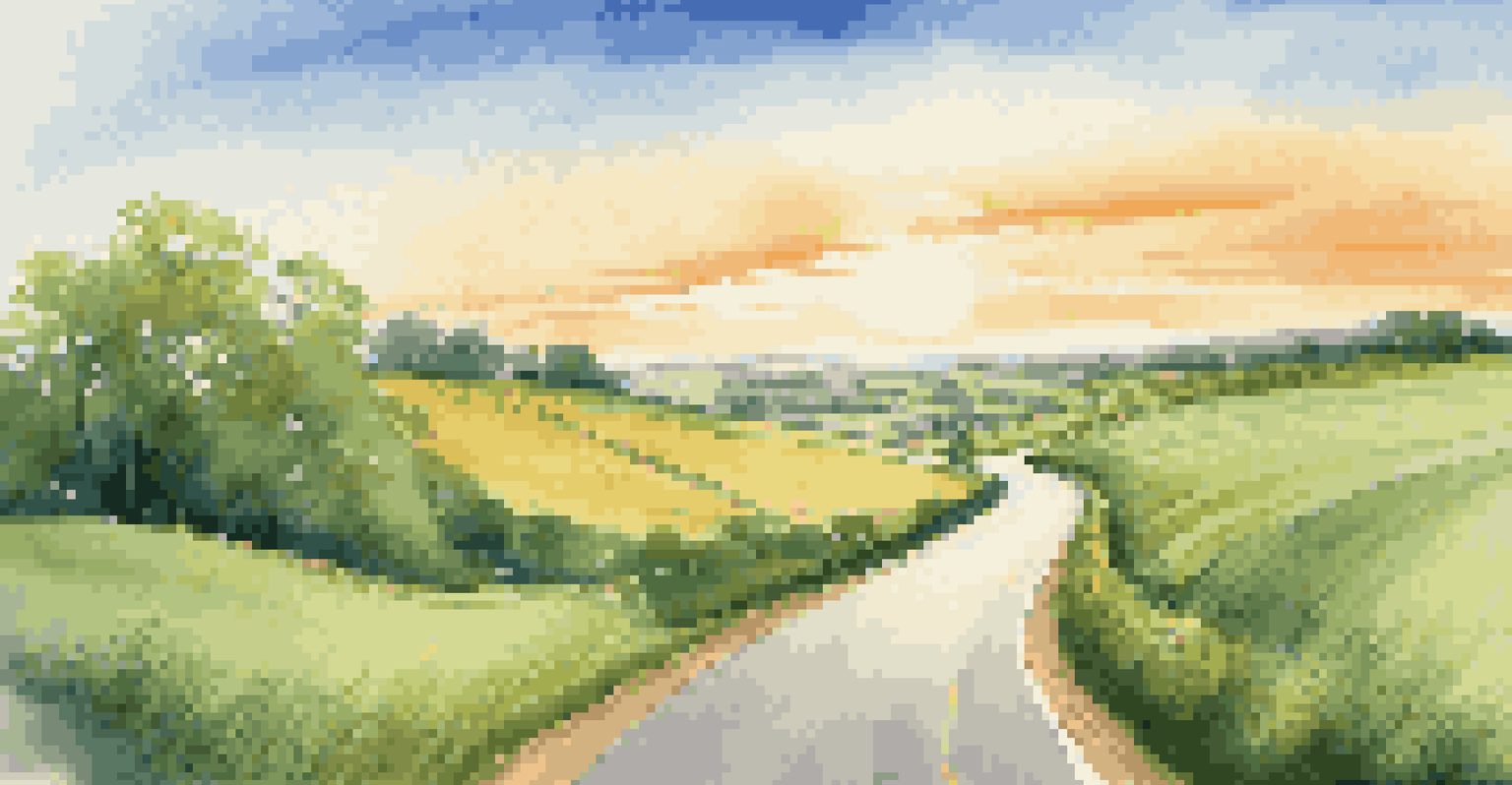 A winding road leading to a bright horizon with green fields and a blue sky, symbolizing financial planning and future possibilities.