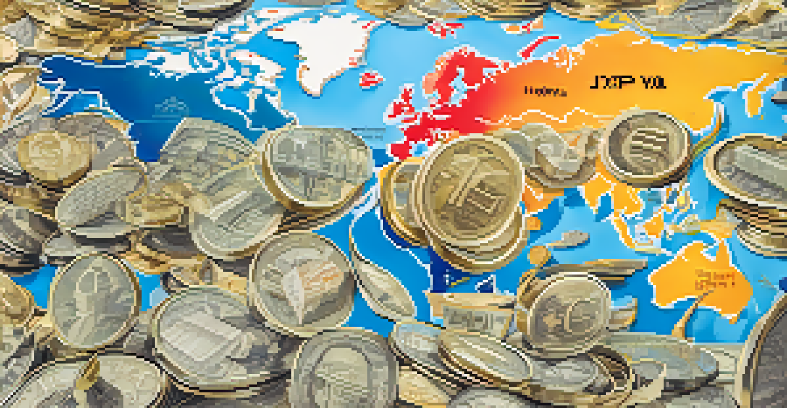 A colorful artistic representation of currency symbols like USD and EUR on a global map backdrop.