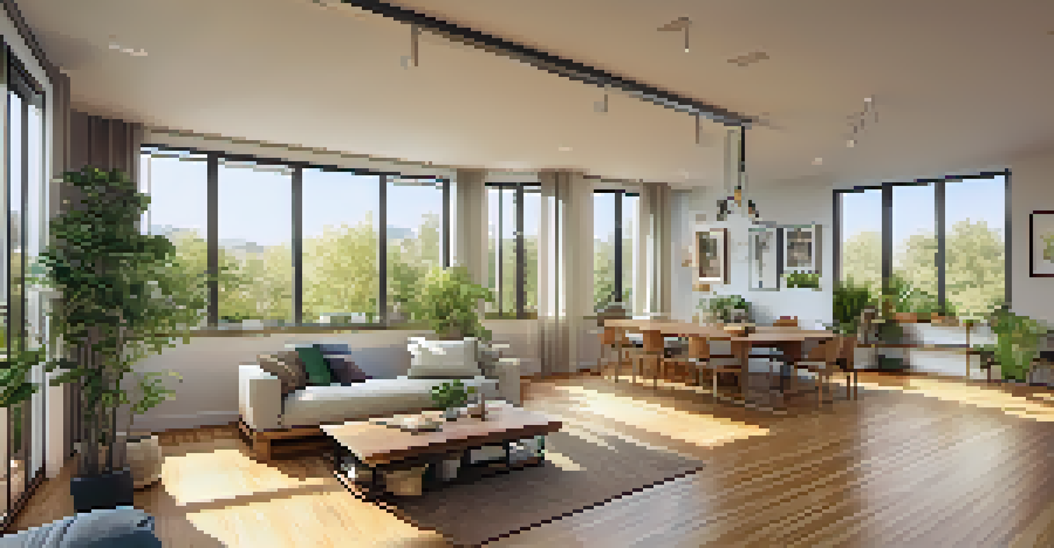 Interior of a sustainable apartment with bamboo flooring and large windows, filled with natural light and plants.
