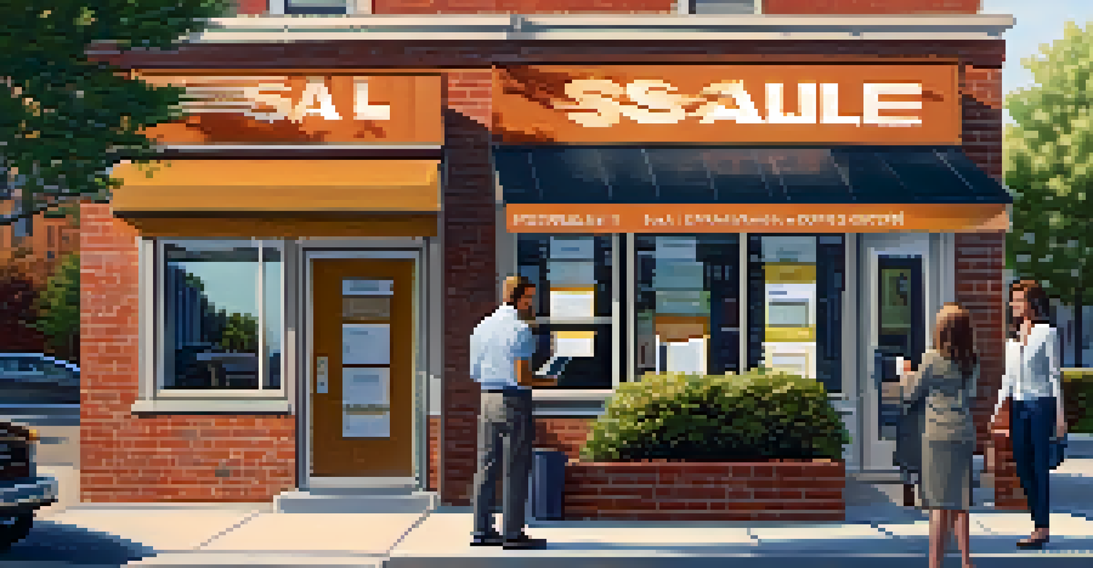 A couple looking at their credit score on a tablet outside a modern real estate office with a 'For Sale' sign.