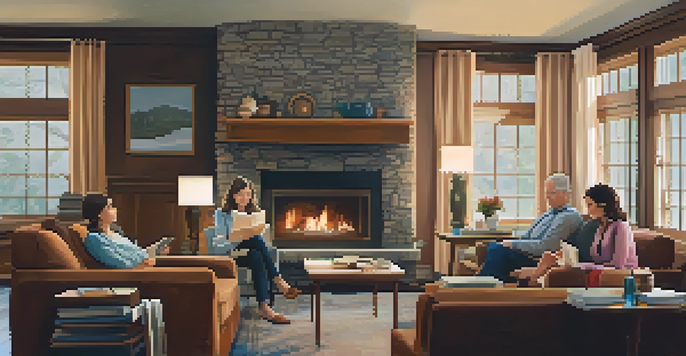 A family sitting in a cozy living room, discussing financial plans with documents and a laptop, conveying warmth and security.
