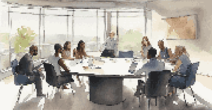 A diverse group of individuals discussing in a modern office meeting room with a round table and a large window.