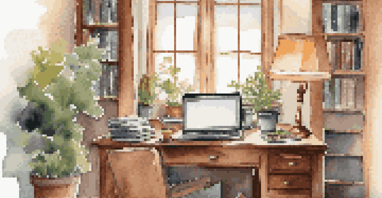 A cozy home office with books on personal finance, a laptop open to a side hustle platform, and a cup of tea on the desk.