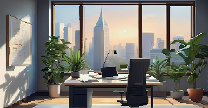 A modern office with a desk, laptop, and plants, illustrating a productive workspace.