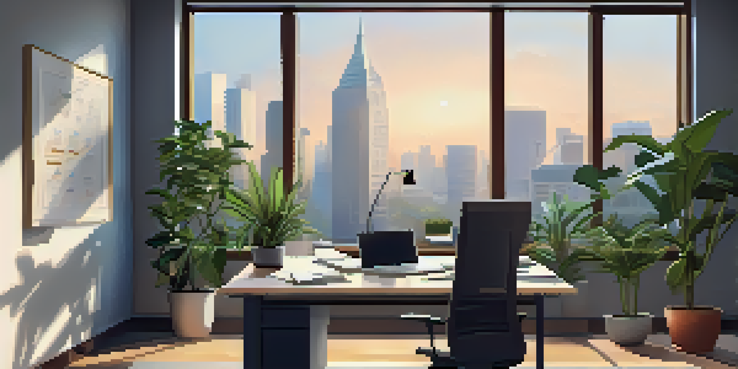 A modern office with a desk, laptop, and plants, illustrating a productive workspace.