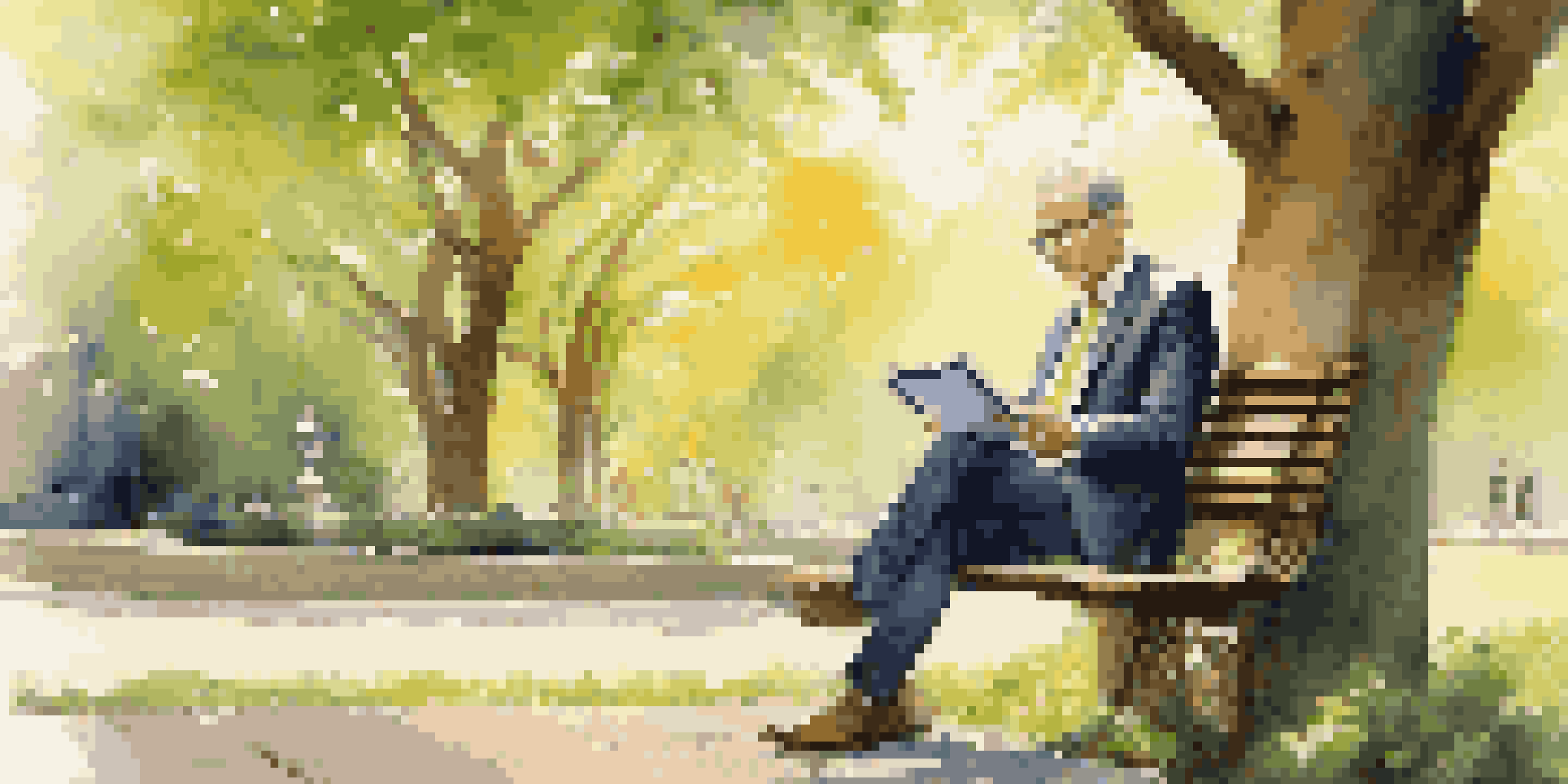 A seasoned investor sitting on a park bench, reviewing financial graphs on a tablet in a serene outdoor setting, with warm sunlight and greenery.