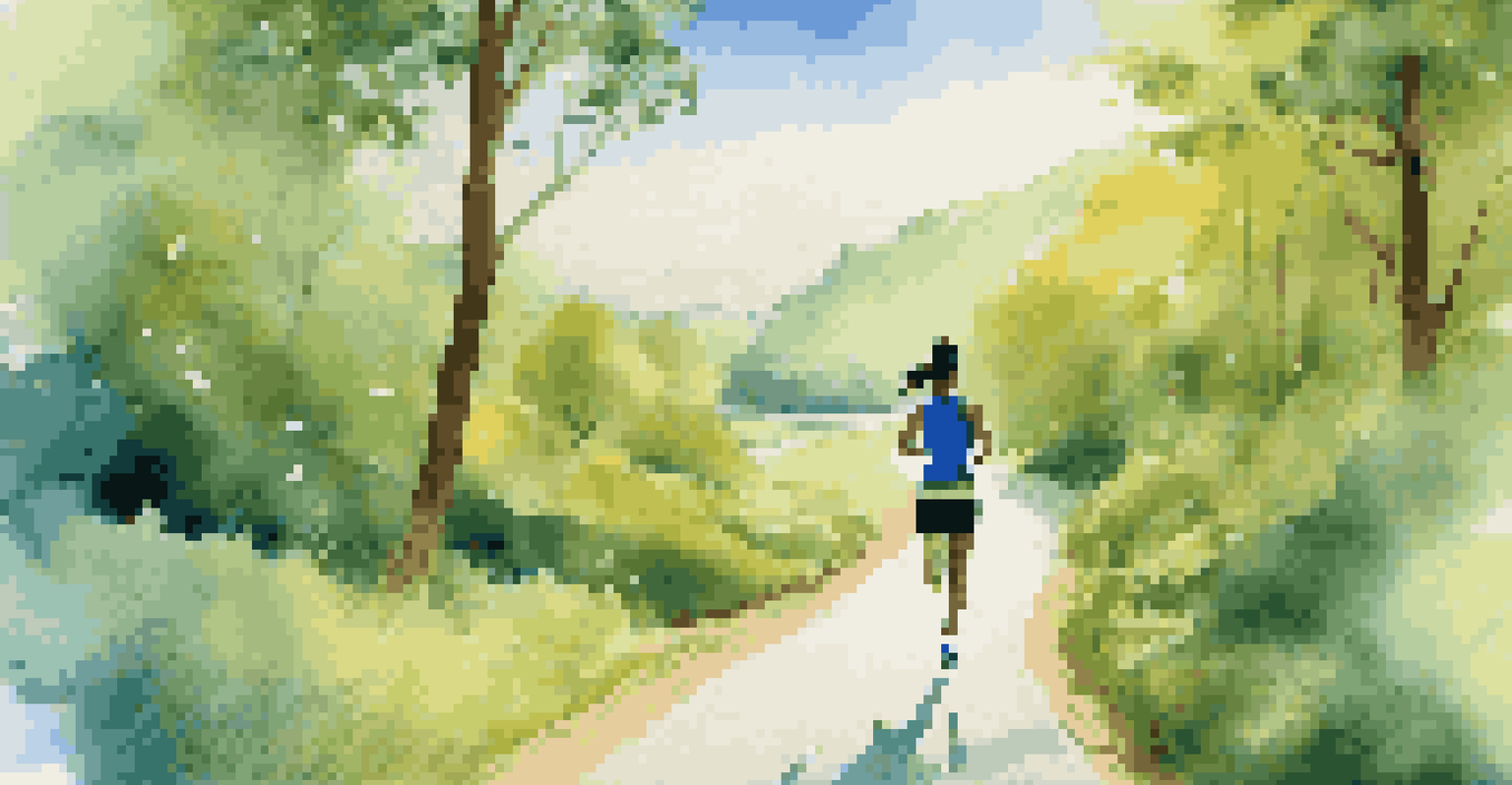 A person jogging outdoors with digital overlays of financial goals and health stats in a vibrant natural setting.