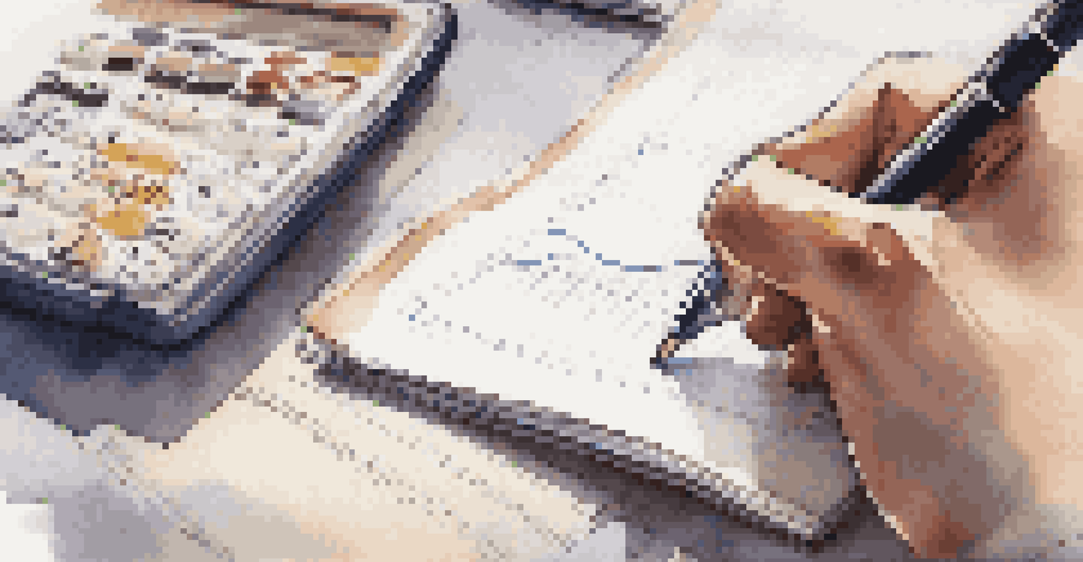 A close-up of hands writing on a notepad with financial notes, set against a blurred living room background.