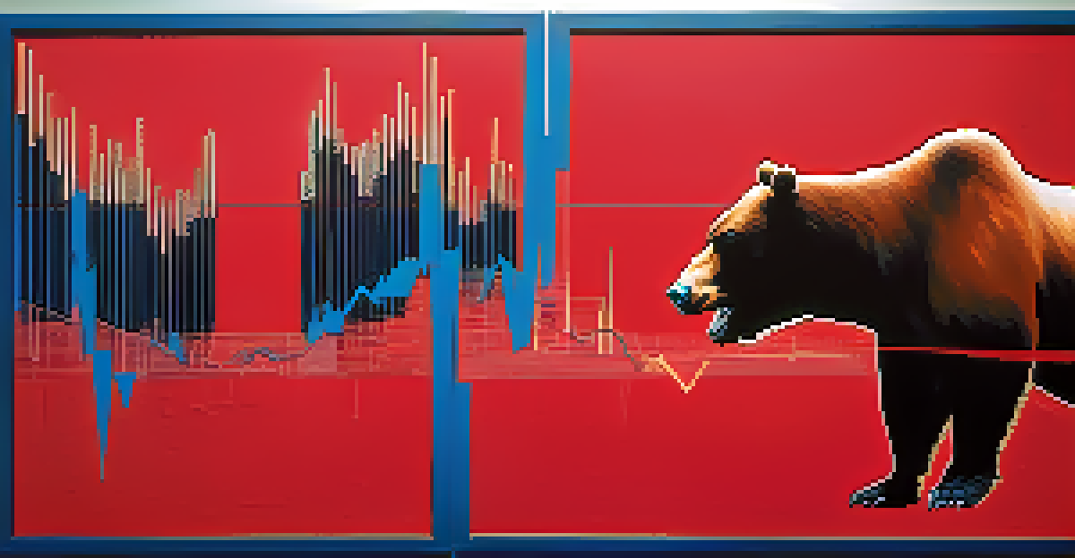 An abstract split canvas illustrating margin trading with a bull and rising charts on one side, and short selling with a bear and descending charts on the other.