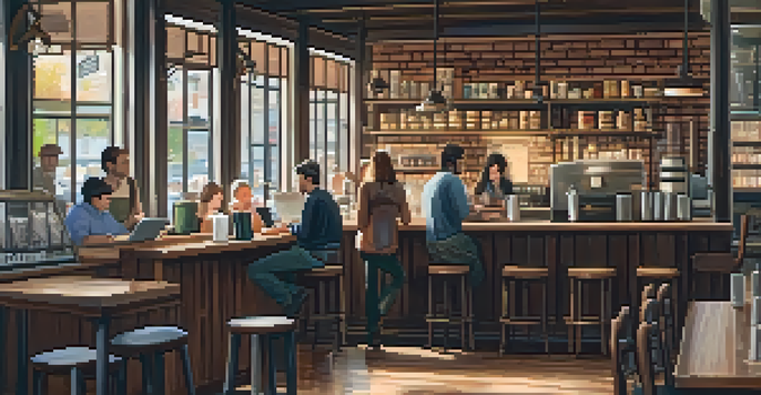 A cozy coffee shop with rustic furniture, warm lighting, and patrons engaged in conversation and working.