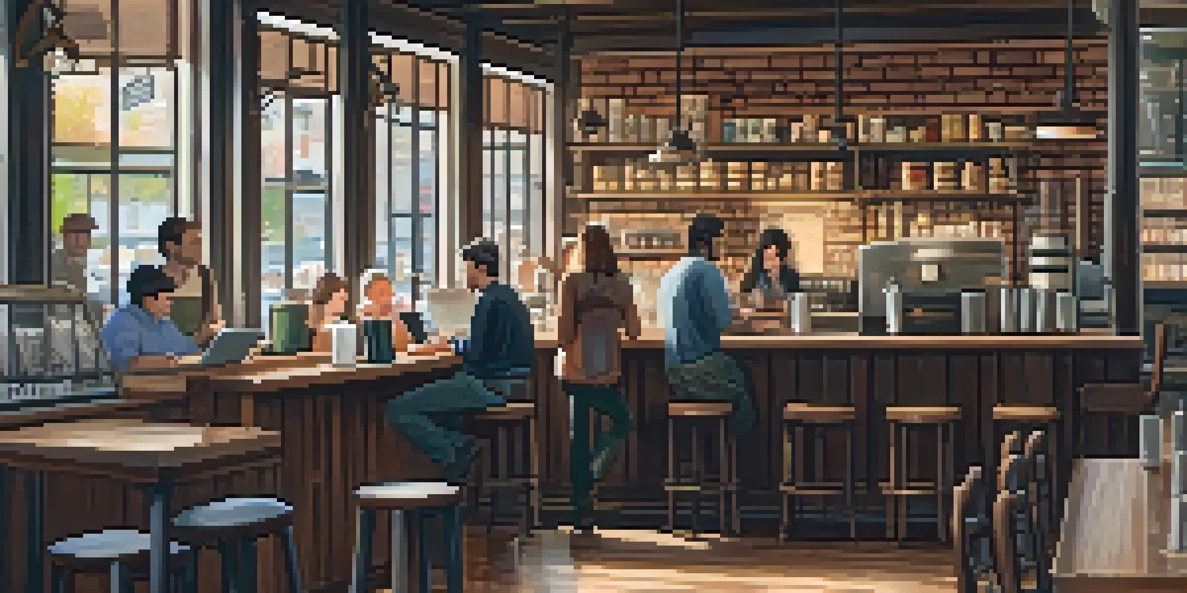A cozy coffee shop with rustic furniture, warm lighting, and patrons engaged in conversation and working.