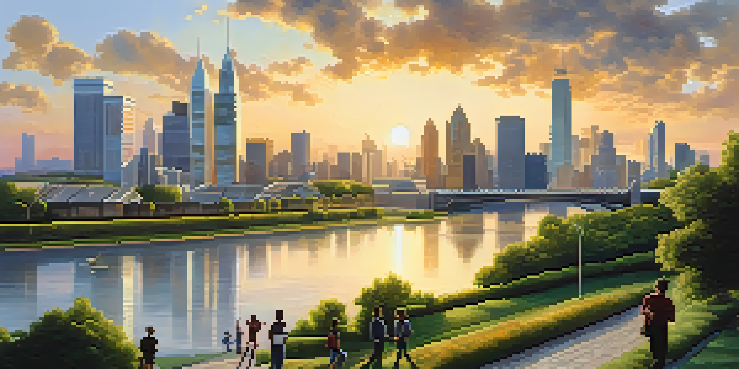 A tranquil cityscape with a sunset, featuring stock market charts in the clouds and people enjoying the outdoors.