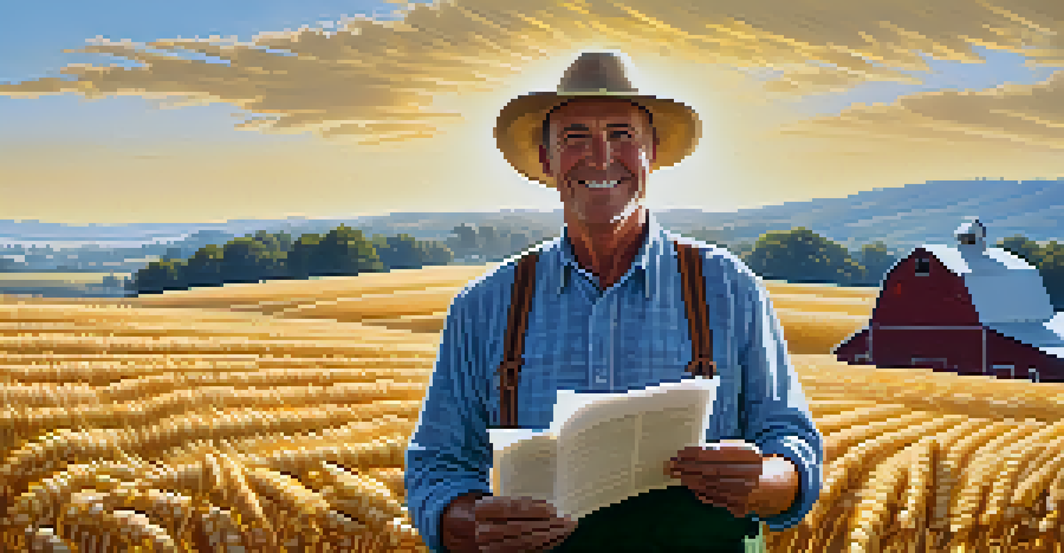 A farmer in a wheat field holding a futures contract under a bright blue sky.