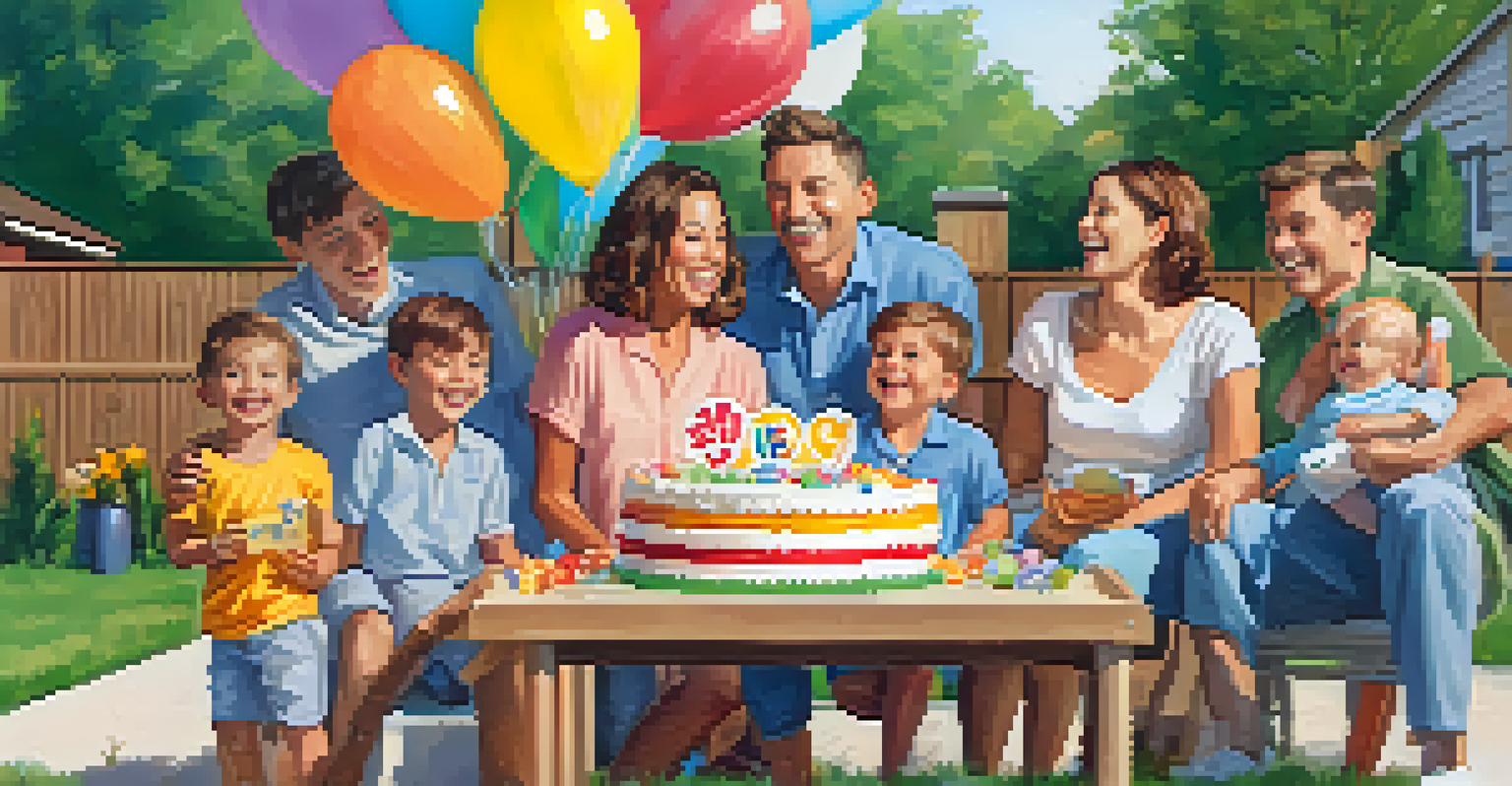 A family celebrating a financial milestone in a backyard with balloons and a cake decorated with financial symbols, smiling together.