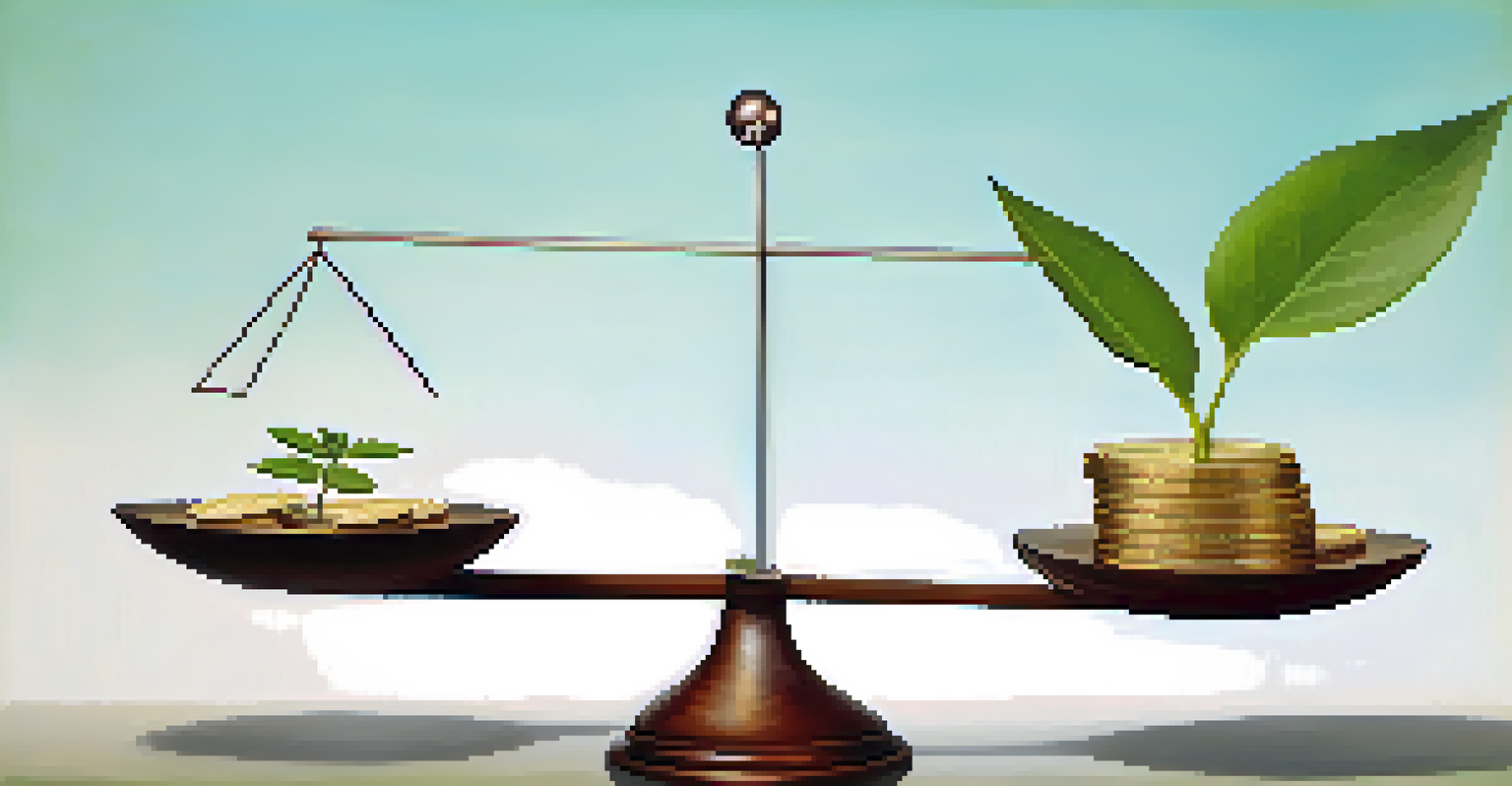A balanced financial portfolio depicted with a scale holding coins and a growing plant, set against a gradient background.