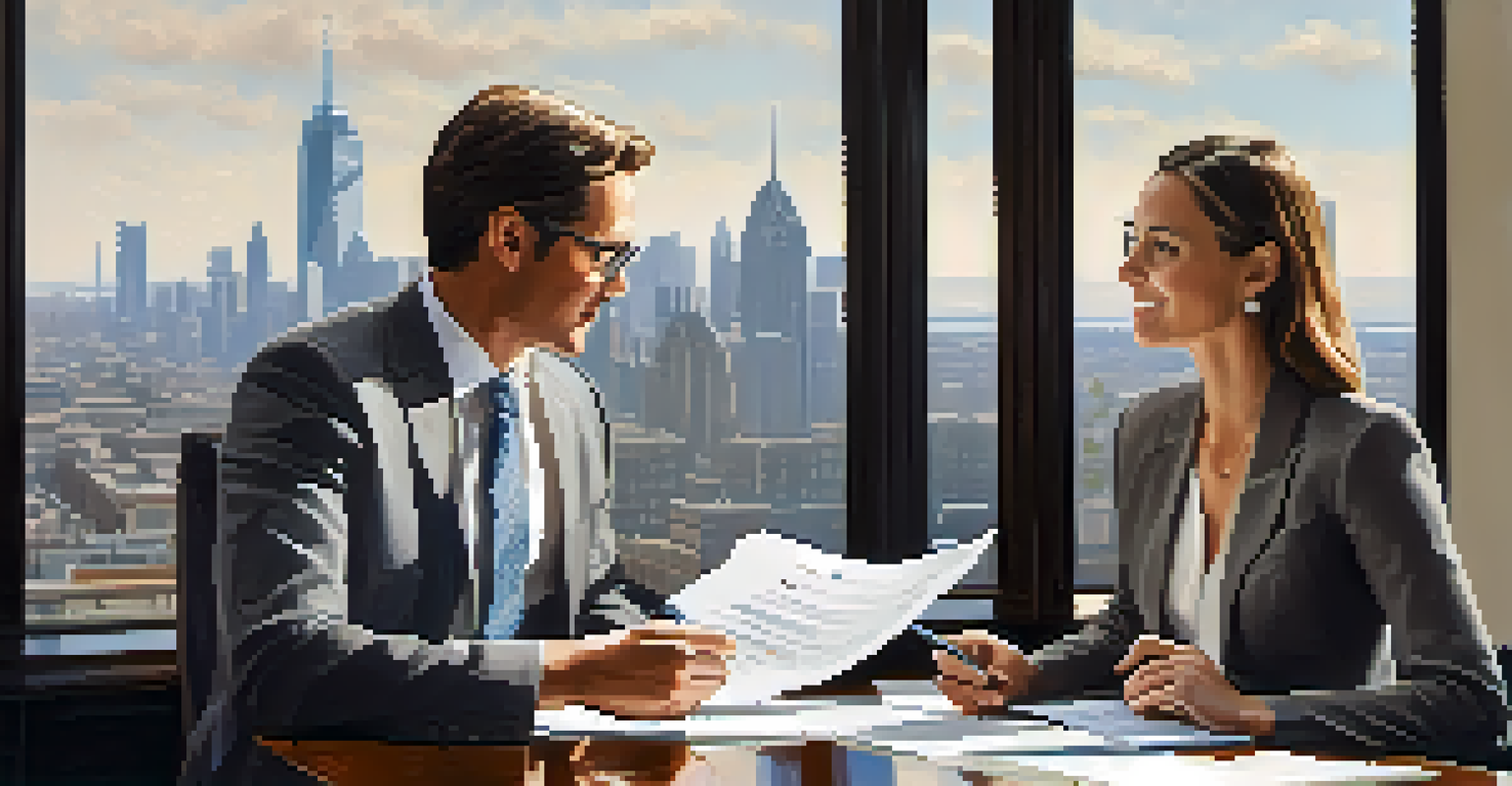 A financial advisor and a client discussing investment strategies at a table, with documents and a city skyline visible through a large window.